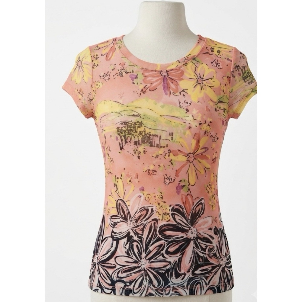 George Floral Mesh Short Sleeve Baby Tee Top Peach Y2K Fairycore Sz Medium 8/10